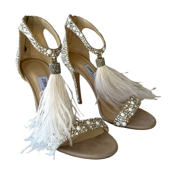 NWT Jimmy Choo ‘Viola 110’ Sandal Heels - Wedding Crystal Ostrich Feather Pearl - Picture 8 of 12